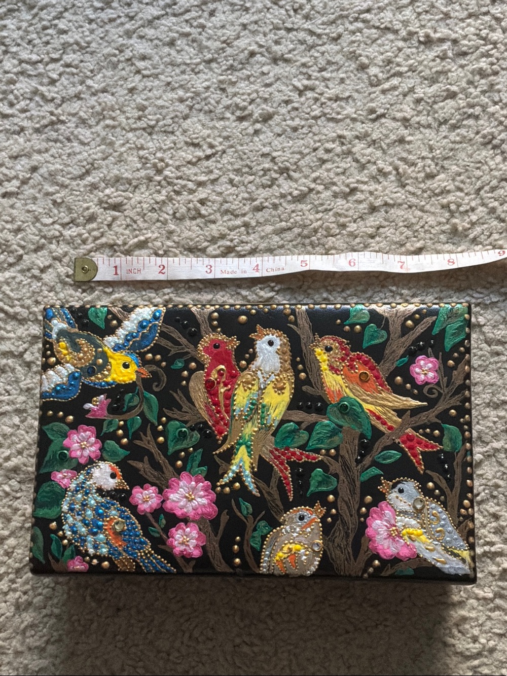 Floral Bird Embroidered Box Clutch in Black and Multicolor - Picture 3 of 11